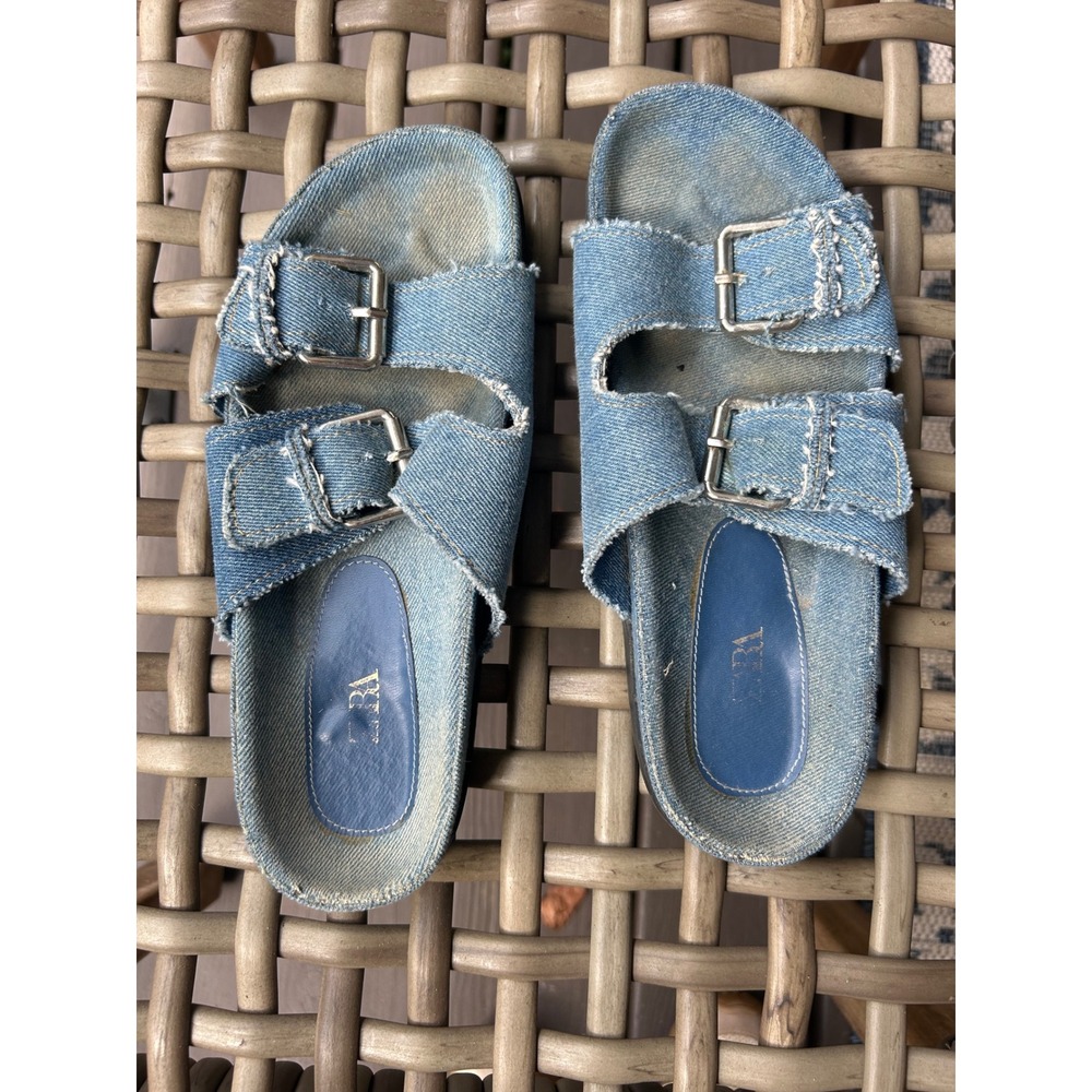 ZARA Denim Slide Sandals Women's Size 38 Buckle Embellished Casual Blue Slides